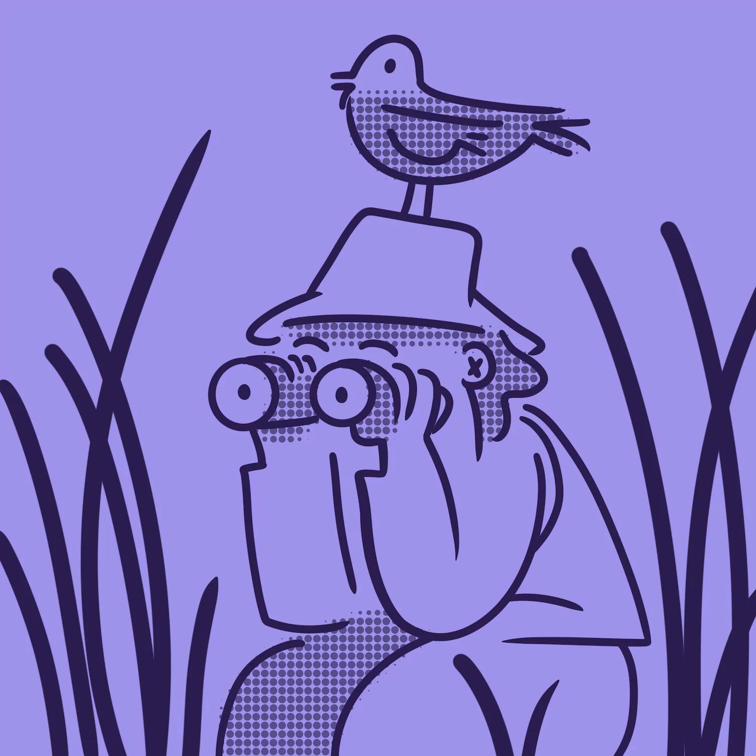 A man looking through binoculars sitting in a field of large grass. There's a bird perched on top of his head.