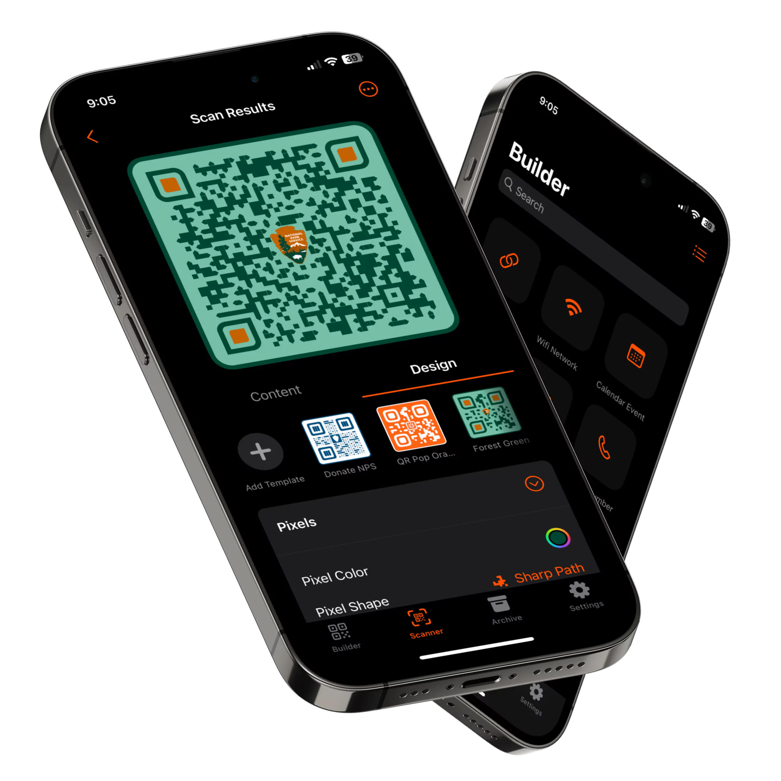 A rendering of two iPhones floating, layered above each other, running QR Pop. The top phone is showing QR Pop's generator with a National Park Service themed code being built. The lower phone shows the app's main menu.